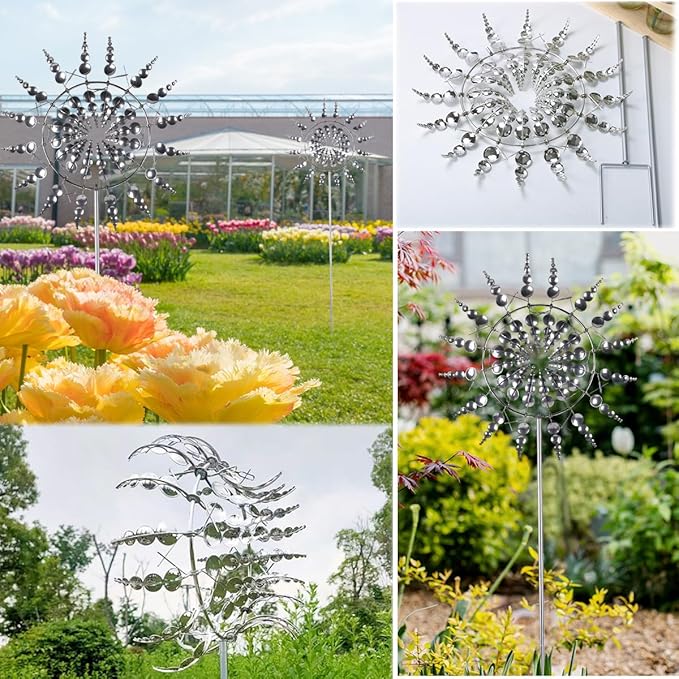 Unique and Magical Metal Windmill, 2Pcs Wind Spinners, 3D Wind Powered Kinetic Sculpture, Stainless Steel Wind Spinners, Wind Mill for Yard and Garden (2PCS-Silver)