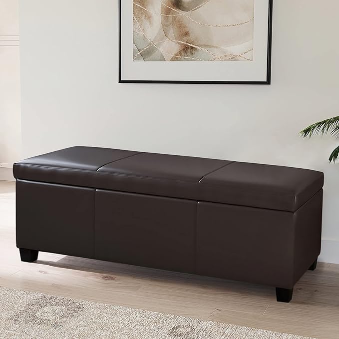 BELLEZE 47 Inch Storage Ottoman, Faux Leather Storage Bench Bedroom Bench with Safety Close Hinge, Ottoman with Storage for Living Room, Entryway, Hallway, Foot Rest, Support 300lbs - Brown
