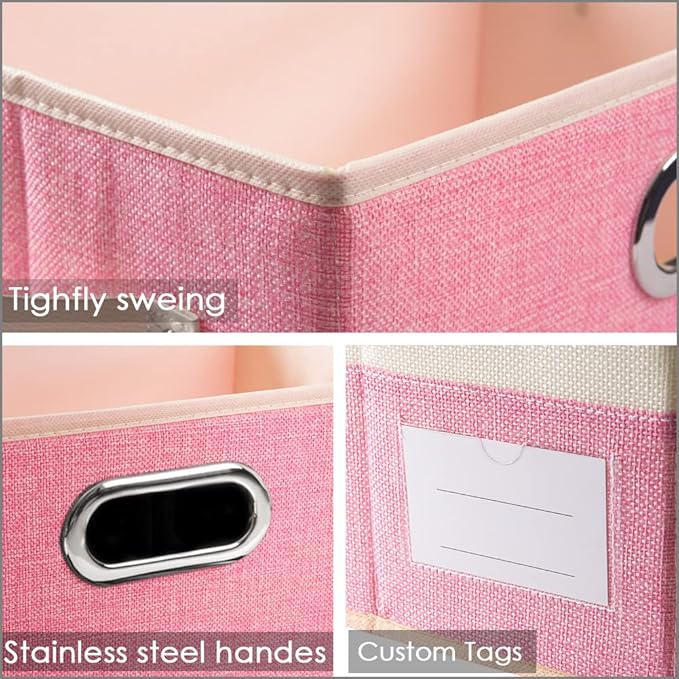 PRANDOM Large Collapsible Storage Bins with Lids [3-Pack] Fabric Foldable Storage Boxes Organizer Containers Baskets Cube with Cover for Home Bedroom Closet Office Pink&Cream(17.7x11.8x11.8)