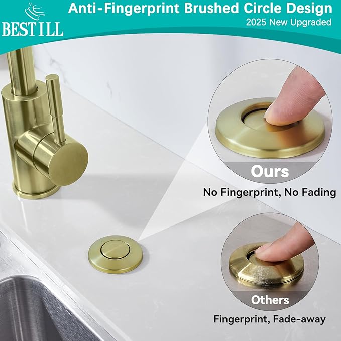 BESTILL Garbage Disposal Air Switch Kit - Brushed Gold Garbage Disposals Button, 3.6” Long Sink Top On/Off Push Button for Waste Disposer, Brass Made Cover, UL Listed, Compatible with all Disposers