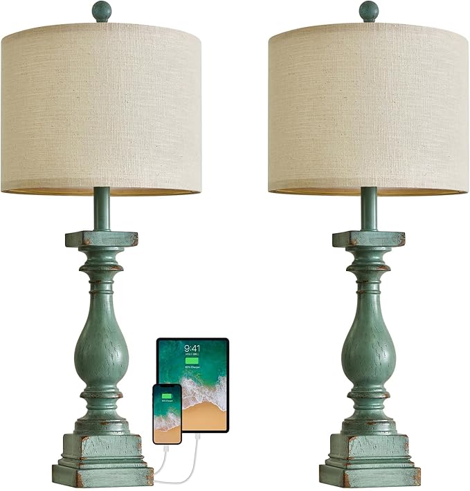 BOBOMOMO 27" Farmhouse Table Lamp Set of 2 with USB A+C for Bedroom Living Room Vintage Rustic Traditional Nightstand Bedside Lamps Retro Side Table Lamps (Green)