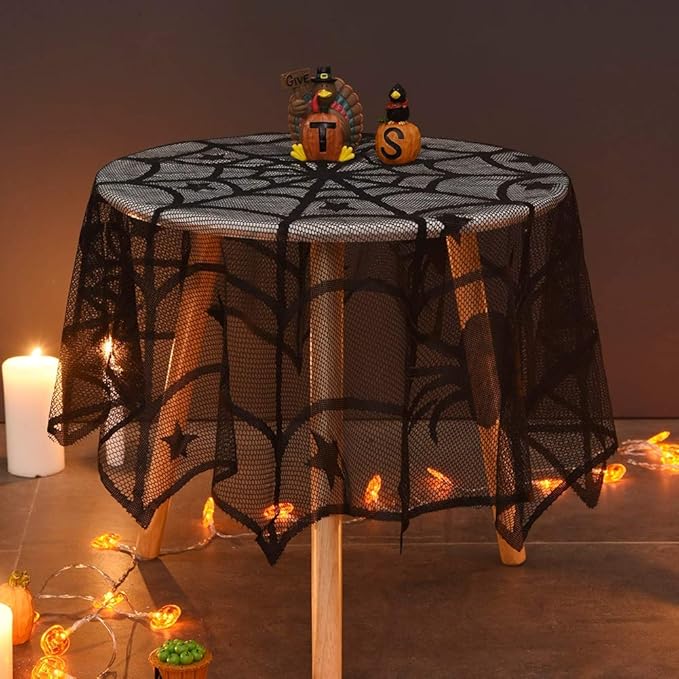 Lulu Home Halloween Table Cover, Round Black Spider Web Halloween Table Toppers for Festival Party Decoration
