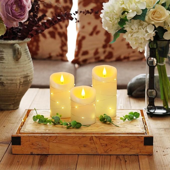 Homemory Flameless Candles with String Lights, 3 Pack Embedded Fairy String Lights LED Candles, Electric Flickering Candles with Remote Control and Timer, Real Wax, Ivory White