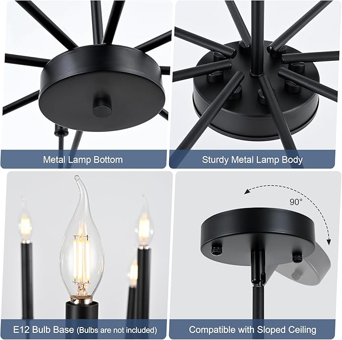 Modern Black Farmhouse Chandeliers, 8-Light Industrial Metal Chandelier Lighting, Classic Candle Hanging Pendant Light Fixtures for Kitchen Bedroom, Dining Room, Living Room,Foyer