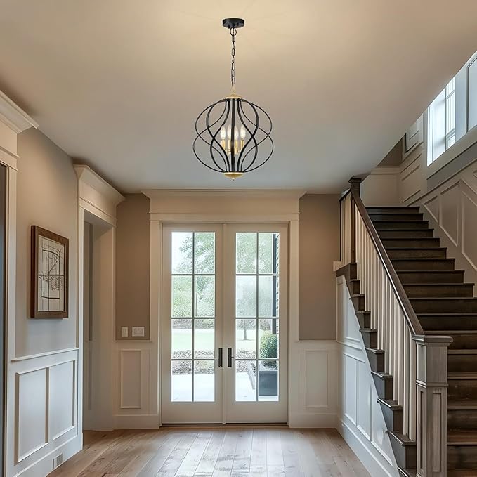Modern Black and Gold Chandelier for Dining Room, 4 Lights Geometric Chandeliers, Sphere Chandelier Industrial Large Pendant Light Fixtures Hanging for Kitchen, Entryway, Foyer, Stairs