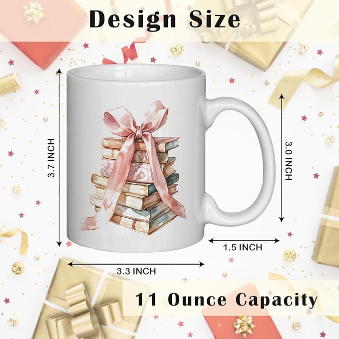 JINYO Coquette Pink Bow Books Mug, Book Coffee Cup, Reading Mugs for Book Lovers, Gifts for Readers Books Lovers Women, Bookish Bookworm Gifts for Women, Ceramic Coffee Tea Mug 11 oz