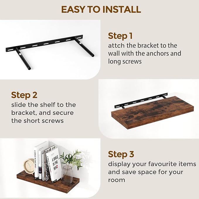 48 Inch Floating Shelves Set of 2, Rustic 48 x 9 Floating Shelf for Wall, 9 Inch Deep Bookshelf Invisible Bracket, Wall-Mounted Deep Shelving for Bedroom, Kicten, Living Room, Rustic Brown Color