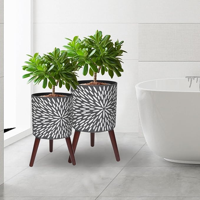10 & 12 Inches Plant Pot with Stand Set of 2, Large Matte Gray Modern Planters for Indoor Outdoor Plants with Drainage Holes, Big Flower Pots with Wood Legs