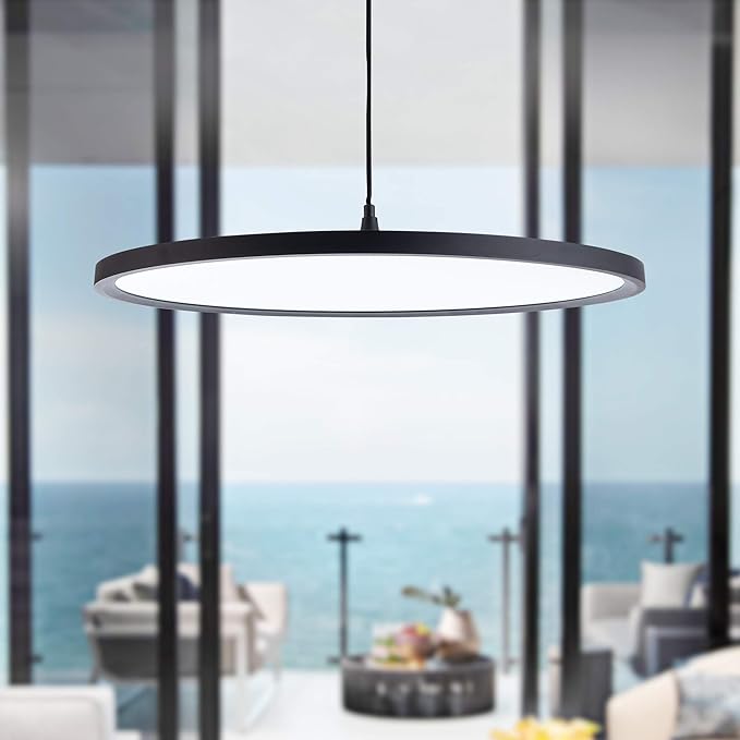 MADEM Modern LED Pendant Light 23.6'' Disc Chandelier Hanging Lighting Fixture with Acrylic Shape Dimmable Office Chandelier 6000K for Office Room Football Bedroom Decor Kitchen Island, Black