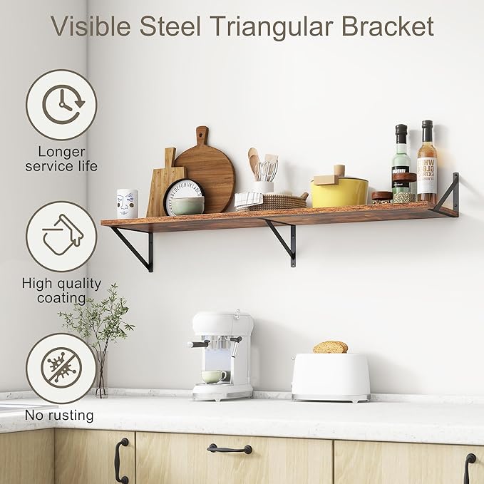 12 Inch Deep Floating Shelves,48W x 12D Floating Shelves, Deep Wall Shelves Bracket Set of 2, Large Display Floating Shelf for Bathroom, Living Room, Wide Storage Wooden Wall Shelf, Rustic Brown