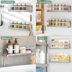 LUCYCAZ 2 Pack Wall Mounted Spice Rack with 16 Hooks, Spice Organizer Shelf for Stove Cabinet Pantry Door,Screw or Adhesive Spice Shelf Hanging Wall Spice Rack in Kitchen and RV (Silver, 2 PACK)