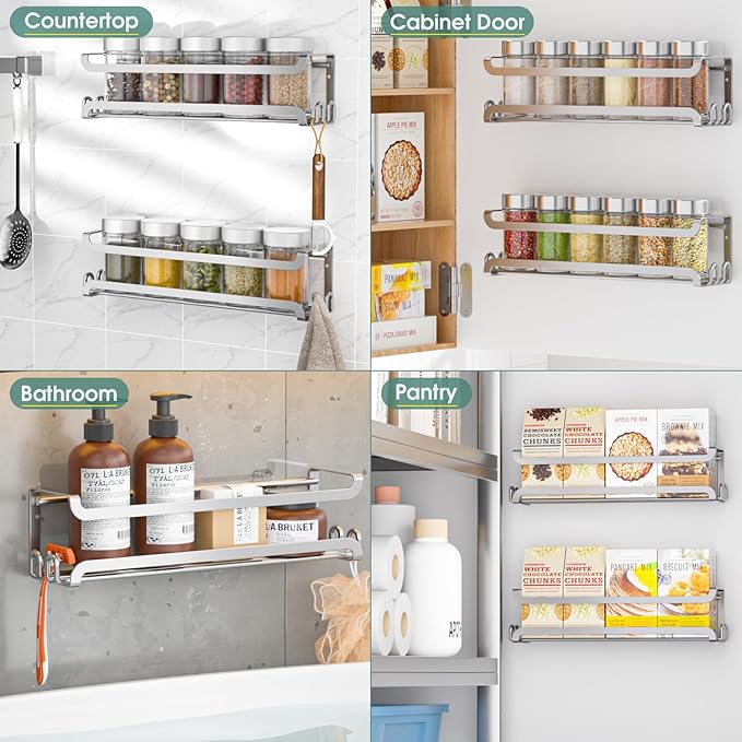 LUCYCAZ 2 Pack Wall Mounted Spice Rack with 16 Hooks, Spice Organizer Shelf for Stove Cabinet Pantry Door,Screw or Adhesive Spice Shelf Hanging Wall Spice Rack in Kitchen and RV (Silver, 2 PACK)