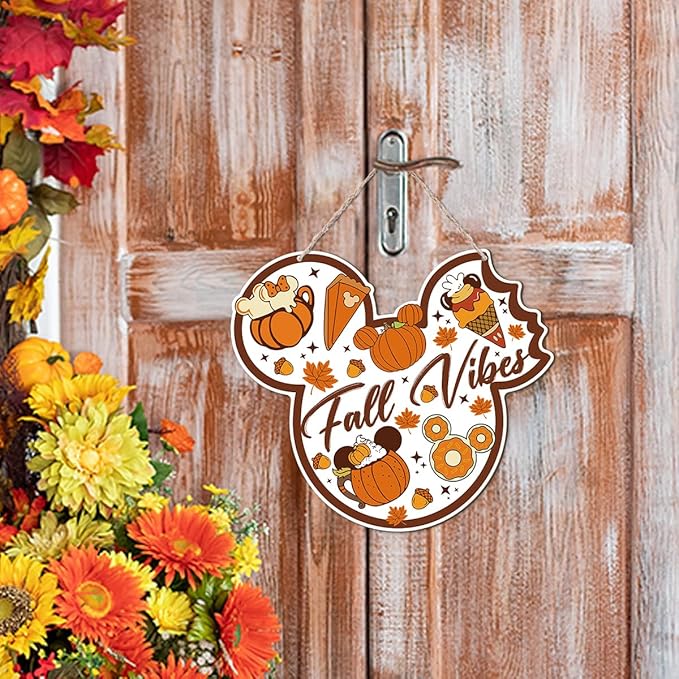 Fall Vibes Door Hanger, Fall Mouse Welcome Door Sign, Wooden Maple Leaves Mushroom Hanging Decor for Front Door, Fall Wood Wreath Wall Decors for Autumn Harvest Thanksgiving Home Decor
