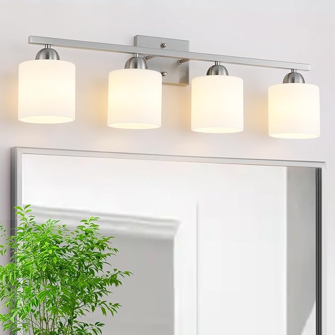 Stainless Steel Milk Glass Vanity Lights for Bathroom, 4 Light Brushed Nickel Bathroom Light Fixtures Over Mirror, Ceramic E26 Sockets Wall Mounted