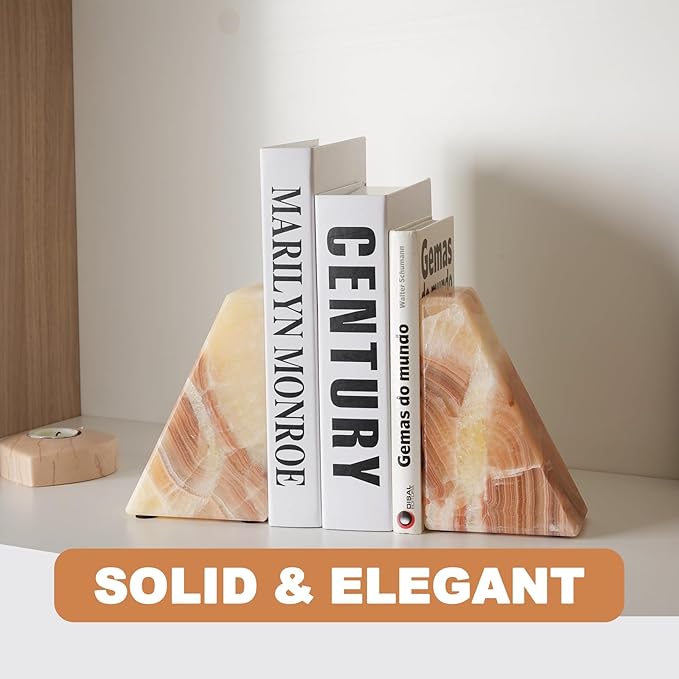 Marble Bookend for Heavy Books, Decorative Bookends for Shelves, Durable and Heavy-Duty Book End for Hardback Book & CDS, Unique Stopper & Holder, Mexico Onyx, Set of 2