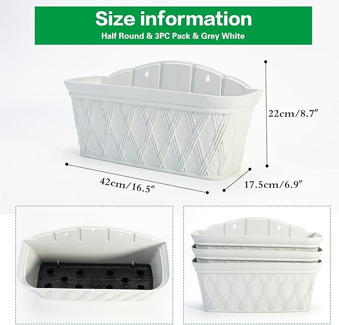 Sungmor 3 Pack Wall Hanging Planters, 16.5 Inch Railing Fence Hanging Flower Pots, Thickened Plastic Water Storage Plant Pot, Indoor Outdoor Garden Balcony Decor, Light Grey Large Plant Basket