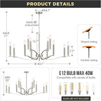 12 Light Nickel Living Room Chandelier High Ceiling Foyer Candle Chandelier Large Modern 44in Metal Chandeliers Hanging Light for Master Bedroom Dining Room Light Fixture Over Table