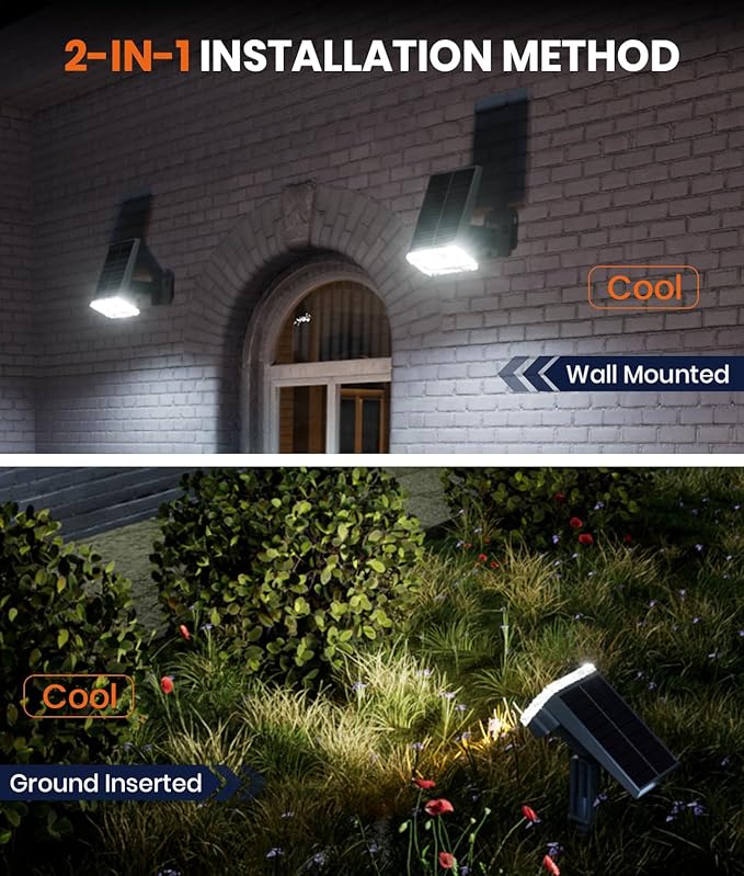 Solar Spotlights Outdoor Waterproof IP67,4 Pack Adjustable Wall&Ground Solar Lights Powered with 3 Colors, 3 Modes, Dusk to Dawn for Pathway/Garden/Yard/Patio/Driveway/Landscape Lighting Outside Decor