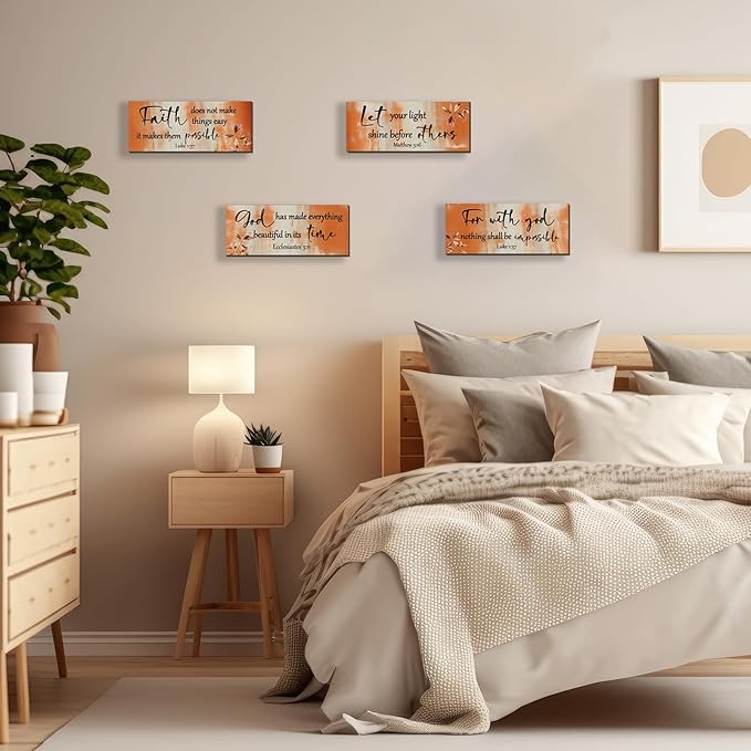 FENCORDAR 4 Pieces Orange Bathroom Decor Bible Verses Decor Wooden Orange Wall Decor Abstract Office Christian Wall Decor Religious Art for Women Office Home Bedroom Living Room Decor(10x4)