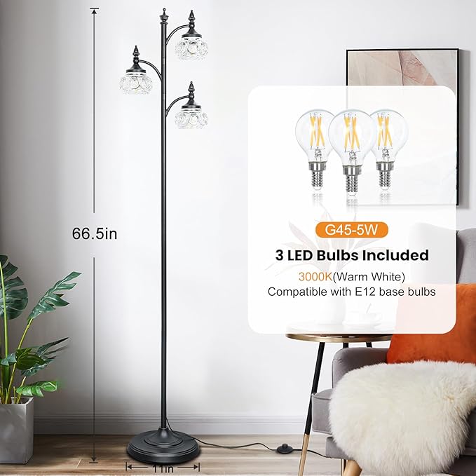 Black Floor Lamp for Living Room,Tall Standing Lamp Dimmable Tree Floor Lamps with 3 Rotatable Lights Glass Shade 66.5'' Modern Corner Lamp for Bedroom Office(3LED Bulbs Included)