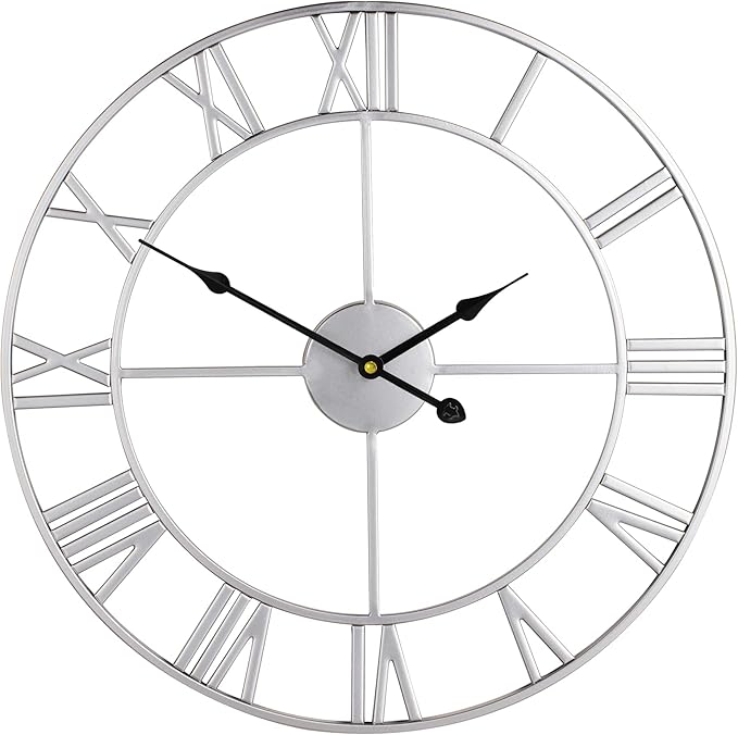 LEIKE 24" Modern Large Wall Clocks,Vintage, Round,Silent Non Ticking,Battery Operated,Silver Metal Roman Numerals Clock for Living Room/Bedroom/Kitchen Decor