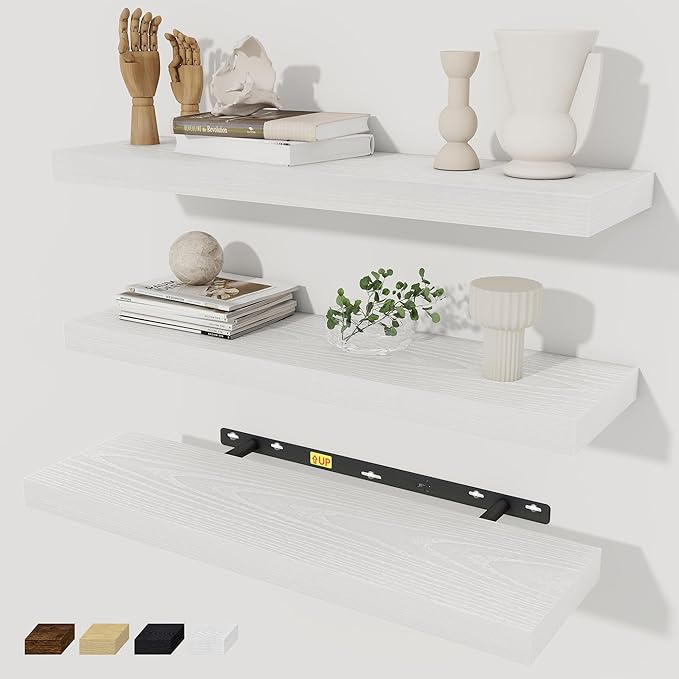 Fun Memories White Floating Shelves Wall Shelf 24 Inch Long, Rustic Bathroom Shelves, Wall Mounted Wood Floating Shelf for Kitchen, Living Room, Bedroom, 24 x 6.7 x 1.4 inch Set of 3