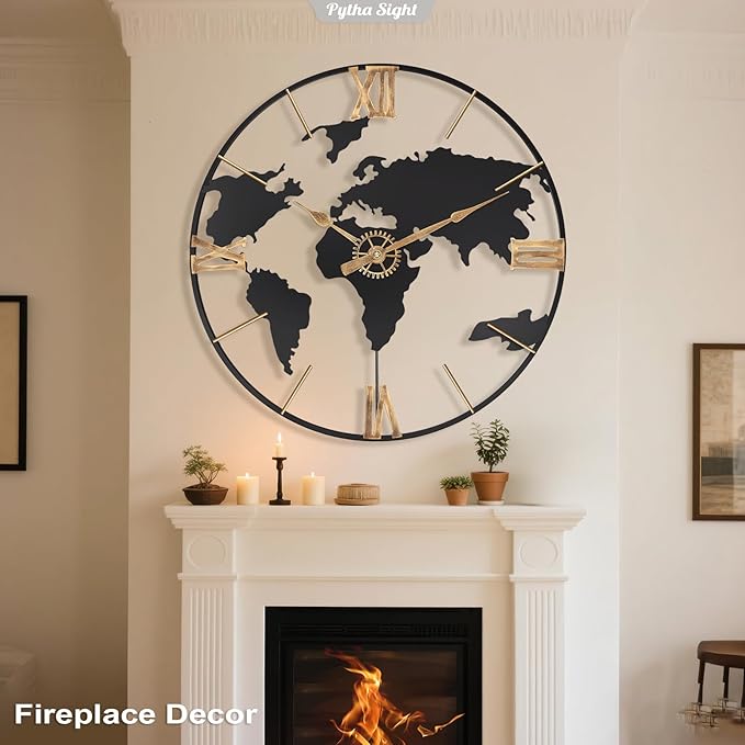 30 Inch Large Modern Decorative Metal World Map Wall Clocks Giant Extra Vintage Gold Roman Numeral Oversized Wall Clock for Living Room,Office,Dining Room,Entryway,Fireplace