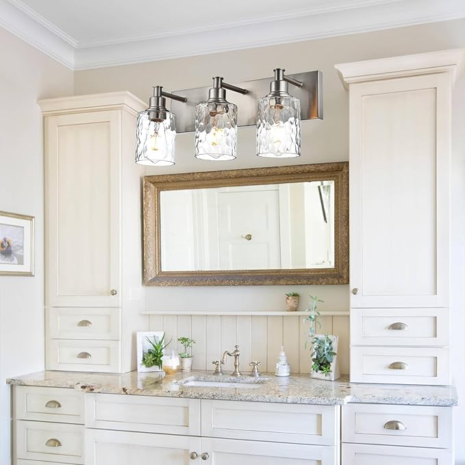 BONLICHT Bathroom Vanity Light Fixtures 3 Lights Modern Wall Sconce Brushed Nickel with Metal Base and Hammered Glass Shade, Industrial Farmhouse Bath Wall Lights for Hallway Kitchen Bedroom