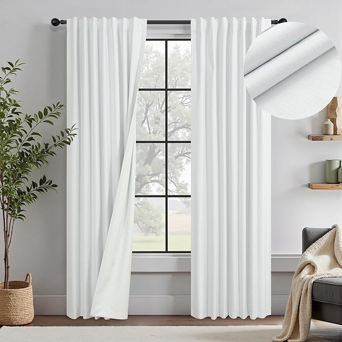 White Living Room Darkening Curtains 72 Inches Long 6 ft Length 2 Panel Cute Black Out Linen Window Drape for Nursery Bedroom Opaque Thermal Curtain for Summer Heat Light Blocking Lightweight Blackout