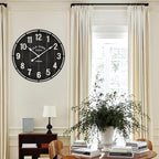 Large Old Town Farmhouse Wall Clock – 24 Inches Rustic Antique Wood with Metal Circle and Large Numerals, Silent Battery Operated Clock for Office, Kitchen, Bedroom, Living Room (Black)