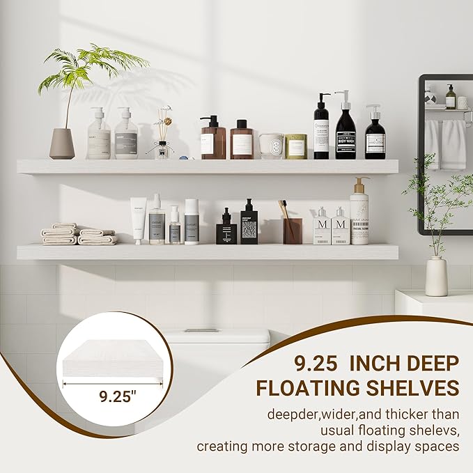48 Inch Floating Shelves, 48"x9.25"x1.5" Inch Deep Floating Shelves for Wall, Wooden Shelves for Bathroom, Bedroom, Living Room, Cream White Oak