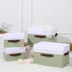 ANMINY Storage Boxes with Lids Washable Decorative Storage Bins Basket with PU Leather Handle Foldable Linen Fabric Storage Cubes Containers for Home Closet Organizer - Green White, Small Size
