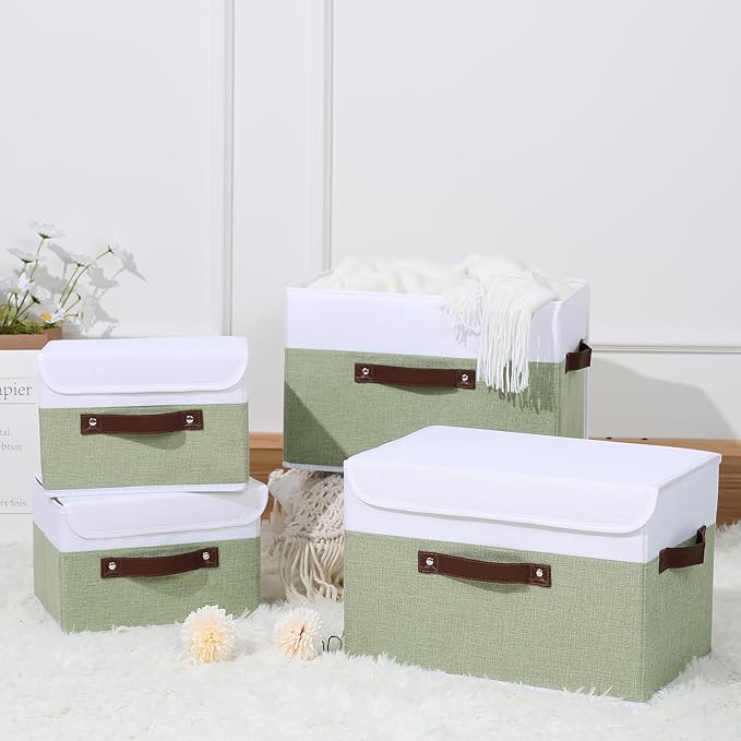 ANMINY 4PCS Storage Boxes with Lid Washable Decorative Storage Bins Basket with PU Leather Handle Foldable Linen Fabric Storage Cubes Containers for Home Closet Organizer - Green White, Small Size