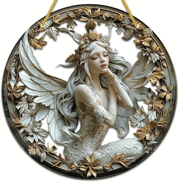 Flower Fairy Garden Decorations Angel Wing Christmas Halloween Deco Statue Art Elf Sculpture Hanging Craft for Outdoor Yard Courtyard Lawn Patio Window Acrylic Ornament Home Gift (C,L: 8*8 IN)