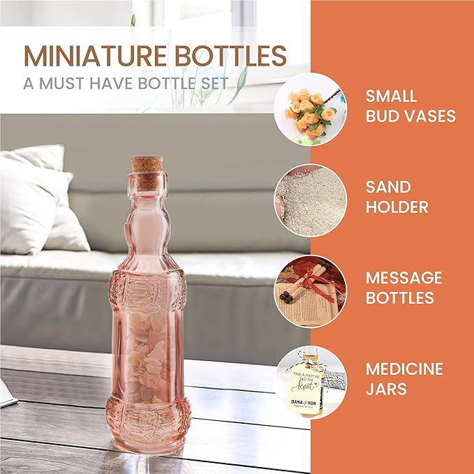 Small MIni Reddish Vintage Glass Bottles with Corks, MIni Vases, Decorative, Potion, Assorted Design Set of 12 pcs, 4.6 Inch Tall (11.43cm), 1.4 Inch Wide (3.56cm)