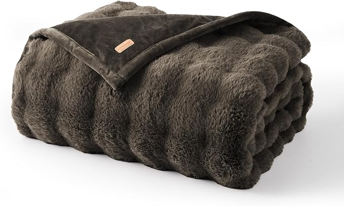 EVERGRACE Ultra Soft Luxury Fluffy Faux Rabbit Fur Throw Blanket, Thick Warm Fuzzy Blankets for Bed, Cozy Plush Reversible Blanket for Couch, Chair, Sofa, Dark Taupe, 50x60 Inches, 870 GSM