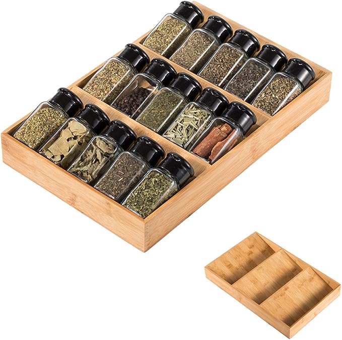 3-Tier Bamboo Drawer Spice Rack Wooden Kitchen Cabinet Spice Organizer Spice Jar Holder, Medicine/Health Care/Vitamin Bottles Storage Rack (Pre-Measure Drawer Dimensions), 1 Pack Drawer Rack