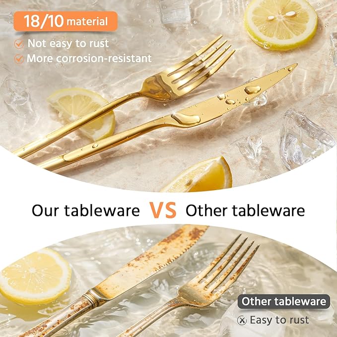 KINGSTONE Silverware Set, 40-Piece Flatware Set Cutlery Set Premium 18/10 Stainless Steel, Tableware Include Forks Knives Spoons for Home Kitchen Restaurant Wedding, Dishwasher Safe, Gold