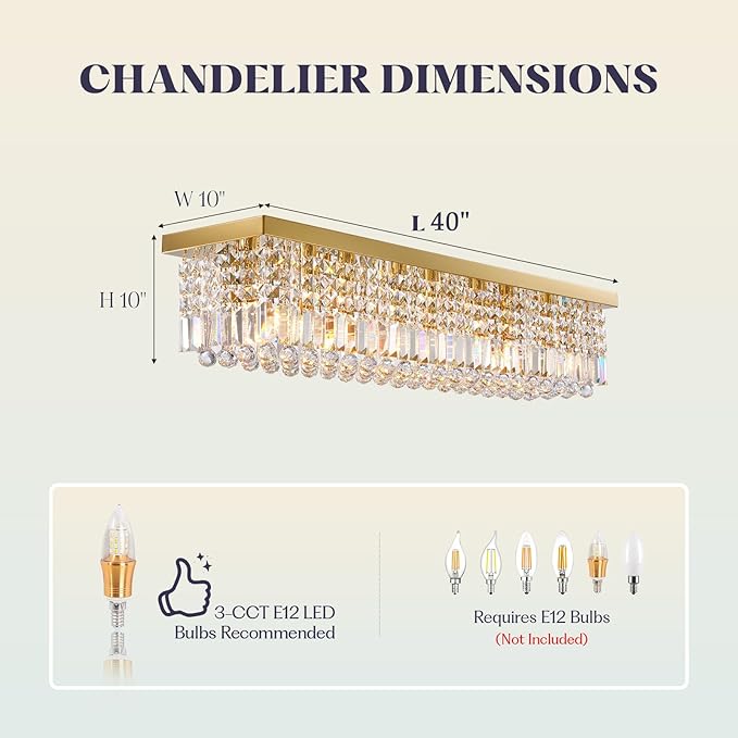 Rectangle Chandelier 8-Light Crystal Chandeliers, Modern Dining Room Light Fixture Luxury Gold Rectangular Flush Mount Chandelier Ceiling Light for Dining Room Living Room Kitchen Island Bar L40 Inch