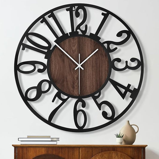 Maxstar Large Round Wall Clock for Living Room Decor Battery Operated Non Ticking Black Metal Wood Clocks for Home Living Room Garden Office Kitchen Decoration -40inch