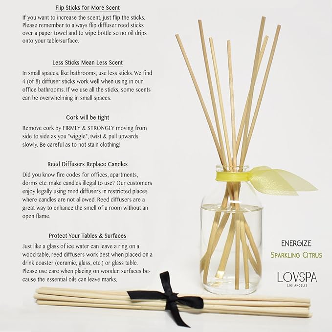 LOVSPA Reed Diffuser Set, Sparkling Citrus Scented Oil Diffuser with Sticks, Home Fragrance Accessories for Bathroom Shelf Decor, Aroma Diffusers for Home or Office Desk, USA Made