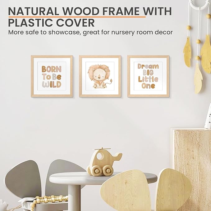 upsimples 10x10 Frame, Natural Solid Wooden Picture Frames, Display 8x8 with Mat or 10 x 10 Without Mat, Wall or Tabletop, 1 Pack, Natural