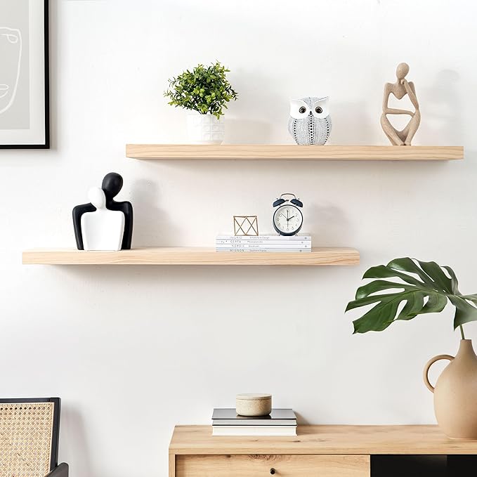 Fun Memories 36 Inch Floating Shelves for Wall, Deep Rustic Solid Pine Wood Wall Shelves for Storage - Farmhouse Wall Mounted with Heavy-Duty Metal Bracket, 36" W x 8" D, Set of 2,Unfinished