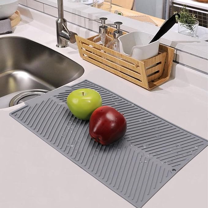 Silicone Dish Drying Mat for Kitchen Counter, 15''x 10'' Drying Mat with Drain Lip, Non-Slip Dish Drainer Mats with Built-in Drain, Heat Resistant Drain Pad on Countertop, Gray
