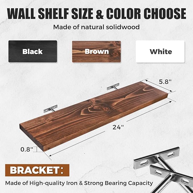 Floating Wall Shelves 3-Pack - 24-Inch Rustic Brown Wooden Shelves for Storage and Décor, Easy Installation for Living Room, Bedroom, and Kitchen