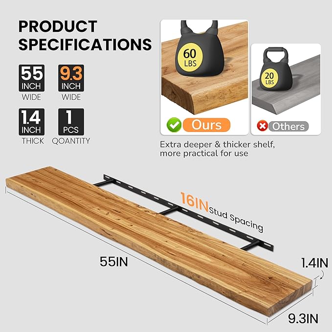 Floating Shelves for Wall, 55"x9.3" Rustic Solid Live-Edge Elm Wood Wall Shelves, Heavy-Duty Floating Shelves with Invisible Brackets for Living Room, Bedroom, and Kitchen, Natural Finish