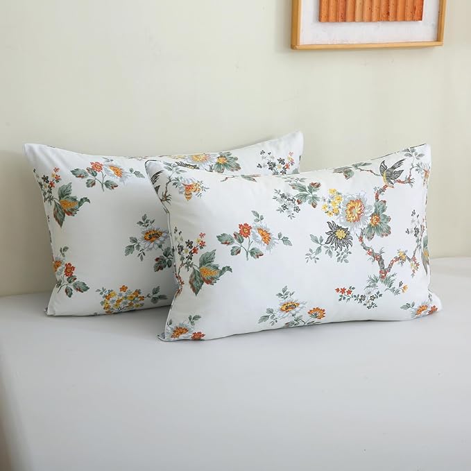 ABREEZE Floral Duvet Cover Queen Size Set Bird Flowers Bedding Set 100% Brushed Cotton Bedding Collection 1 Duvet Cover with 2 Pillowcases White