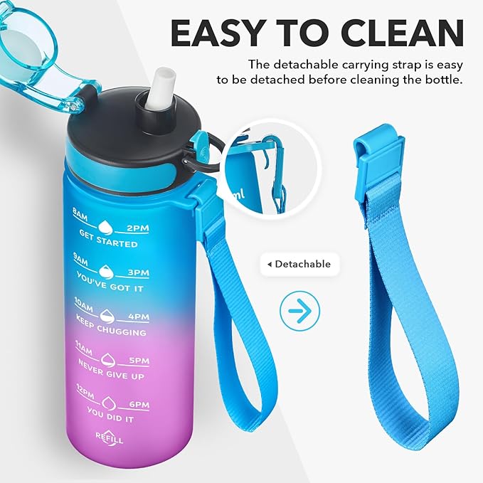 Enerbone Water Bottle, Leakproof BPA & Toxic Free, Motivational Water Bottle with Times to Drink and Straw, Fitness Sports Water Bottle with Strap for Office, Gym, Outdoor Sports