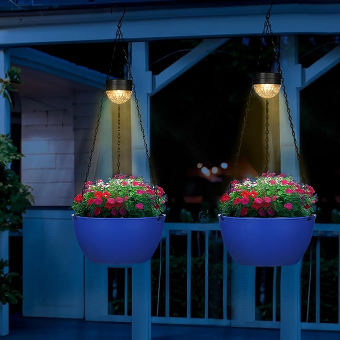 2 Packs Hanging Planters Basket for Outdoor Plants, Solar Powered Self Watering Blue Round Plastic Flower Pots with Drainer for Balcony Patio Garden Outdoor Decoration