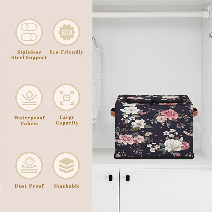 Rectangular Storage Baskets for Shelves - Waterproof Foldable Laundry Basket, Nursery Hamper, Reusable Toy Bin for Organizing Toys, Books, Clothes, Closet 14"x10.2" x10.4" (Flowers)